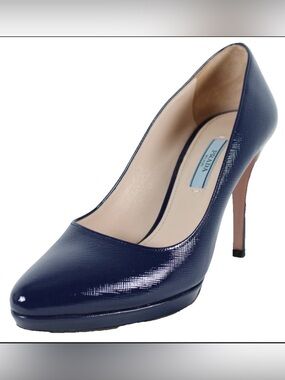Prada Saffiano Patent Leather Almond Toe Platform Pumps Heels Navy Blue 38 7.5